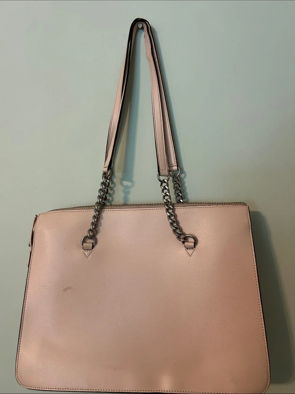 DKNY Cream Leather Tote with Chain-Trim Handles